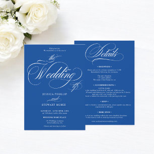 Chic white blue all in one calligraphy wedding  invitation