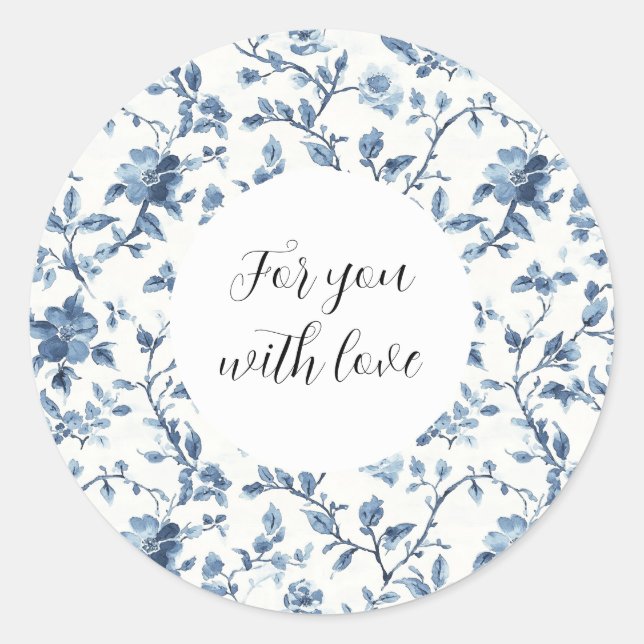 Chic White Blue Floral   Classic Round Sticker (Front)