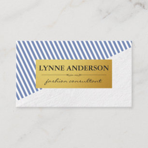 Chic White Blue Stripes Pattern Faux Metallic Gold Business Card