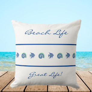 Chic White Blue Stripes Sea Life Beach House Cushion