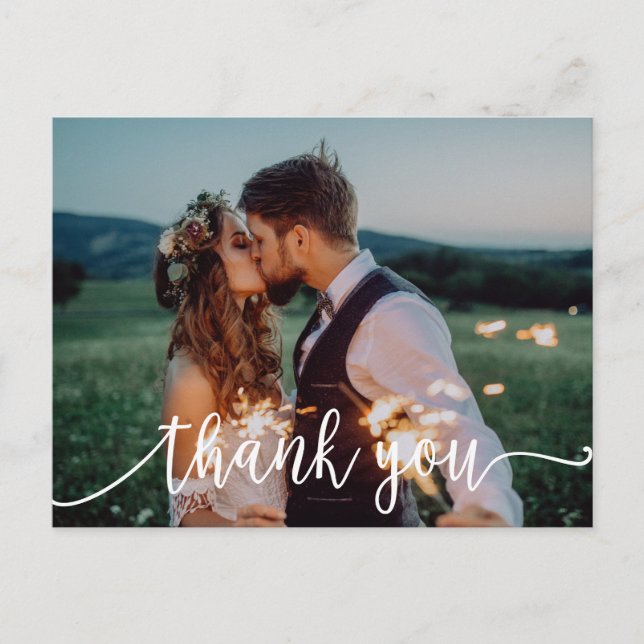 Chic White Calligraphy Photo Wedding Thank You Postcard (Front)
