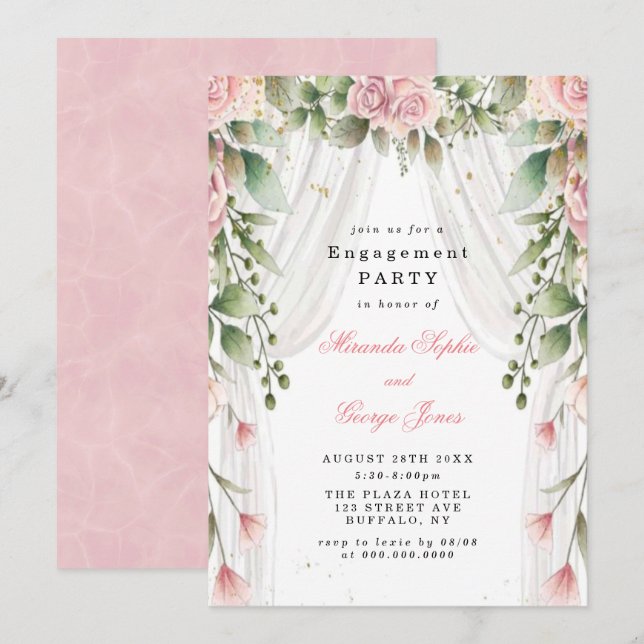 Chic White Canopy Pink Floral Engagement Party Invitation (Front/Back)