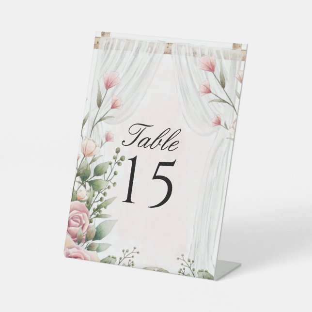 Chic White Canopy Pink Floral Wedding Table Number Pedestal Sign (Front)