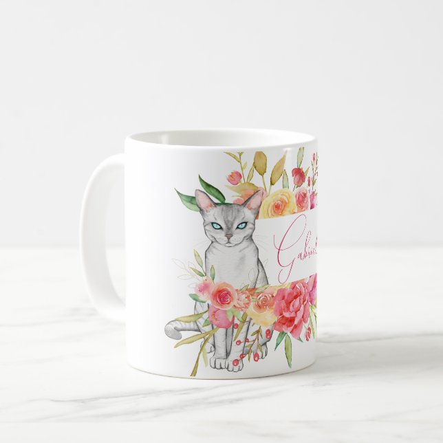 Chic White Cat and Flower Garden Personalised Coffee Mug (Front Left)
