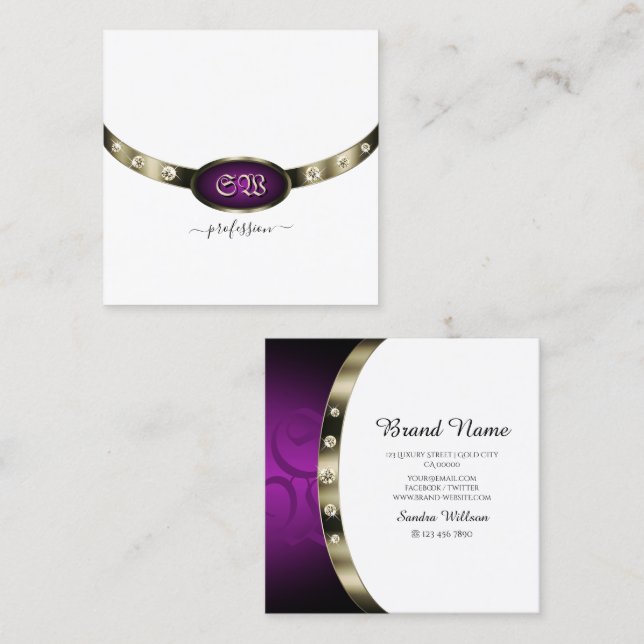 Chic White Chrome Silver Purple Monogram Diamonds Square Business Card (Front/Back)