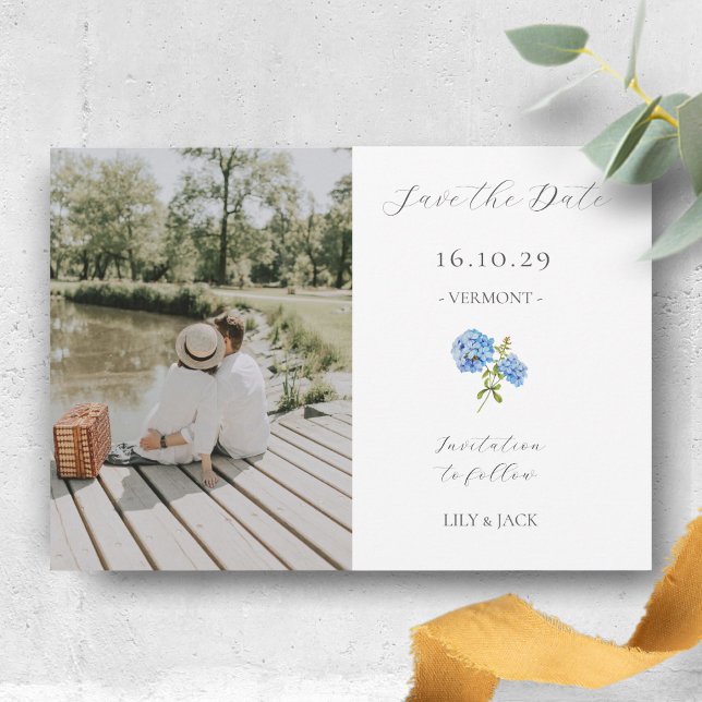 Chic White Couple Photo Floral Hydrangea Save The Date (Creator Uploaded)