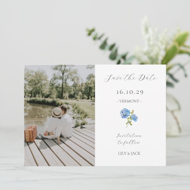 Chic White Couple Photo Floral Hydrangea Save The Date (Standing Front)