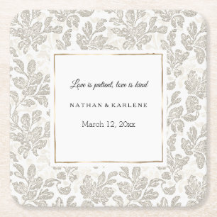 Chic White Cream Floral Love Is Wedding Square Paper Coaster