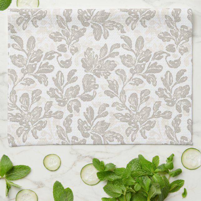 Chic White Cream Floral Tea Towel (Folded)