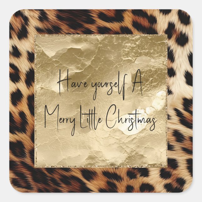 Chic White Cream Leopard Gold Glitter Square Sticker (Front)