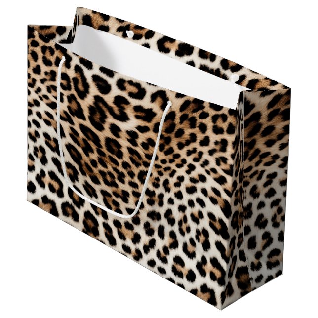 Chic White Cream Leopard Print Large Gift Bag (Front Angled)