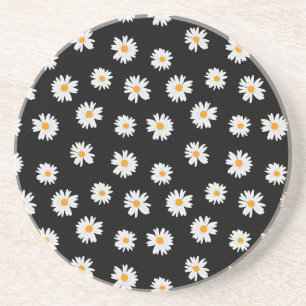  Chic White Daisies Pattern on black background  Coaster