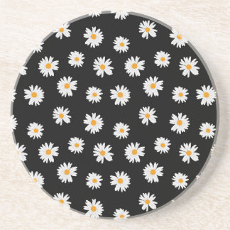  Chic White Daisies Pattern on black background  Coaster