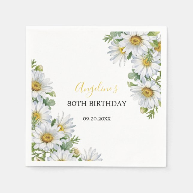 Chic White Daisy Floral Greenery Birthday Napkin (Front)