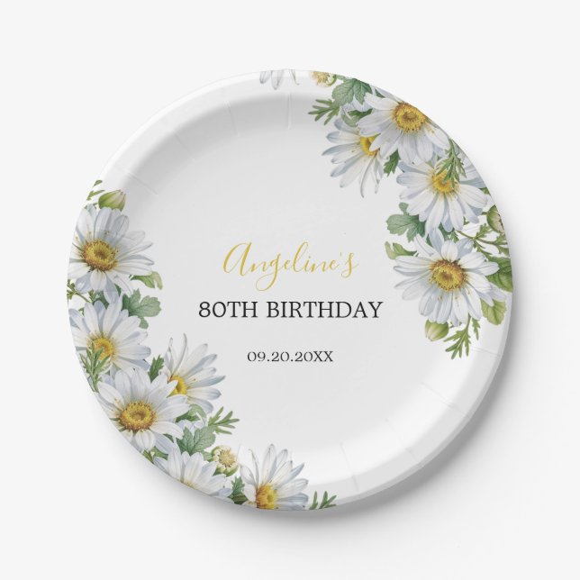 Chic White Daisy Floral Greenery Birthday Paper Plate (Front)