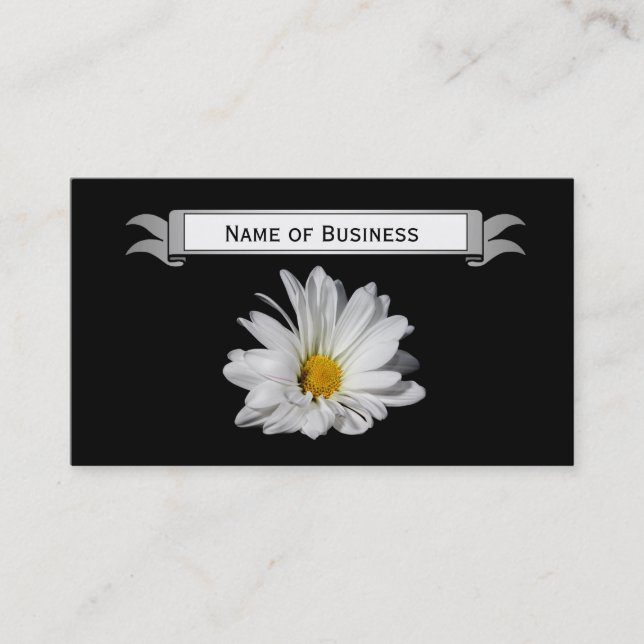 Chic White Daisy on Black Background With Name Business Card (Front)