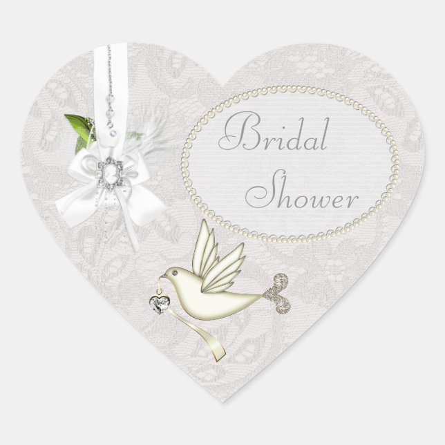 Chic White Dove Paisley Lace & Cameo Bridal Shower Heart Sticker (Front)
