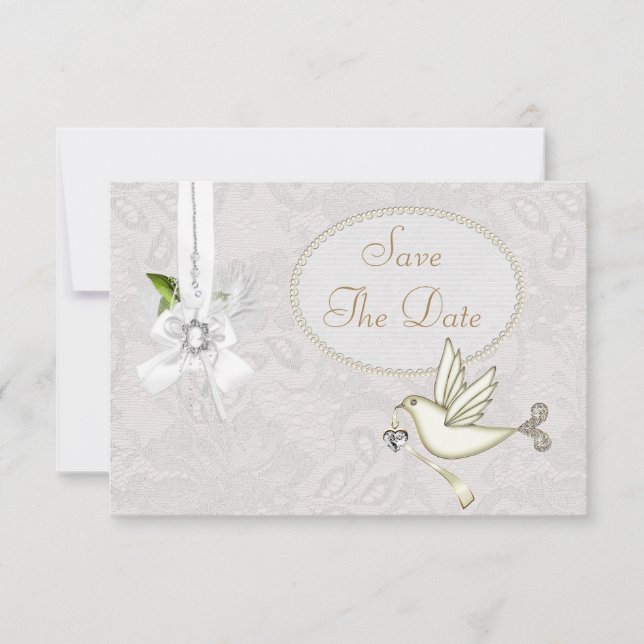 Chic White Dove Paisley Lace Save The Date Invitation (Front)