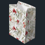 Chic White Elegant Greenery Botanical Christmas  Medium Gift Bag<br><div class="desc">. Designed in timeless Christmas colours of rich reds, vibrant greens, and elegant ivory, this bag exudes holiday charm. The custom white background adds a touch of sophistication, making your gift truly stand out. This versatile gift bag is the perfect finishing touch to any present, regardless of your style preferences....</div>