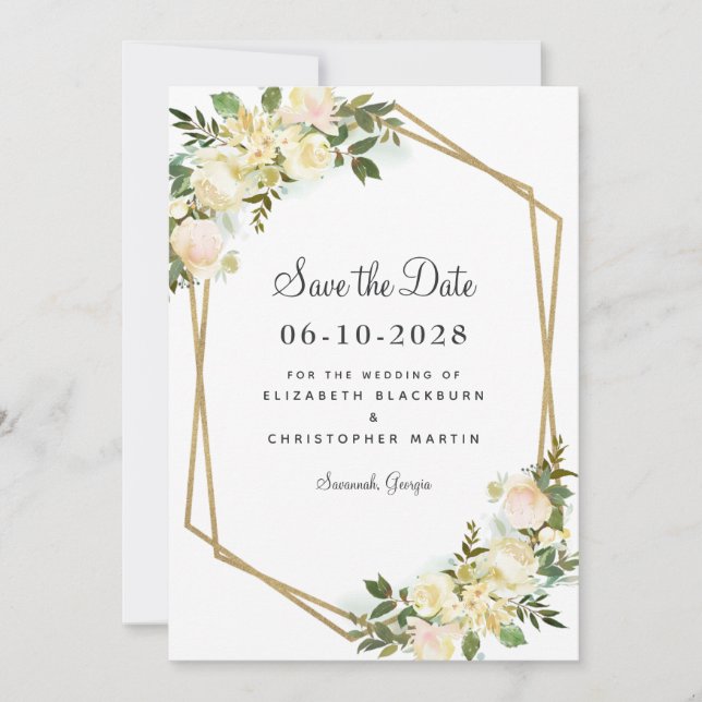 Chic White Elegant Wedding Gold Greenery Floral Save The Date (Front)