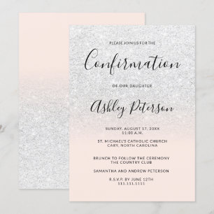 Chic white faux glitter pink ombre confirmation invitation