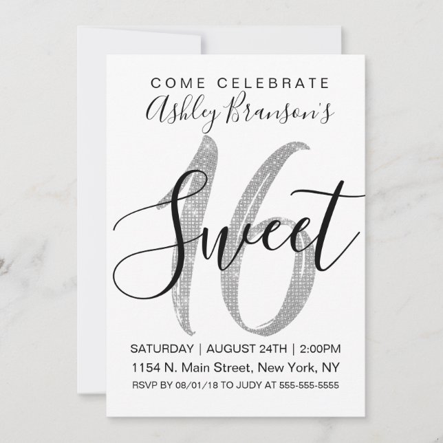 Chic White Faux Silver Sequin Glitter Sweet 16 Invitation (Front)