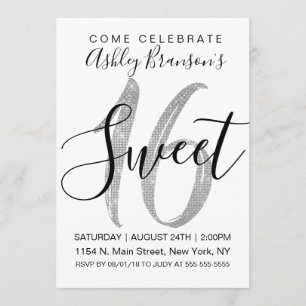 Chic White Faux Silver Sequin Glitter Sweet 16 Invitation