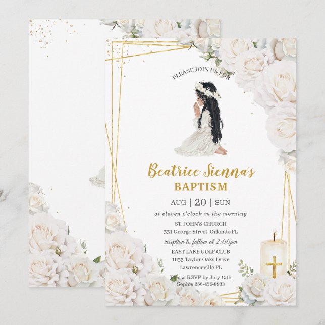 Chic White Floral Baptism Christening Praying Girl Invitation (Front/Back)