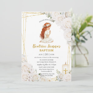 Chic White Floral Baptism Christening Praying Girl Invitation