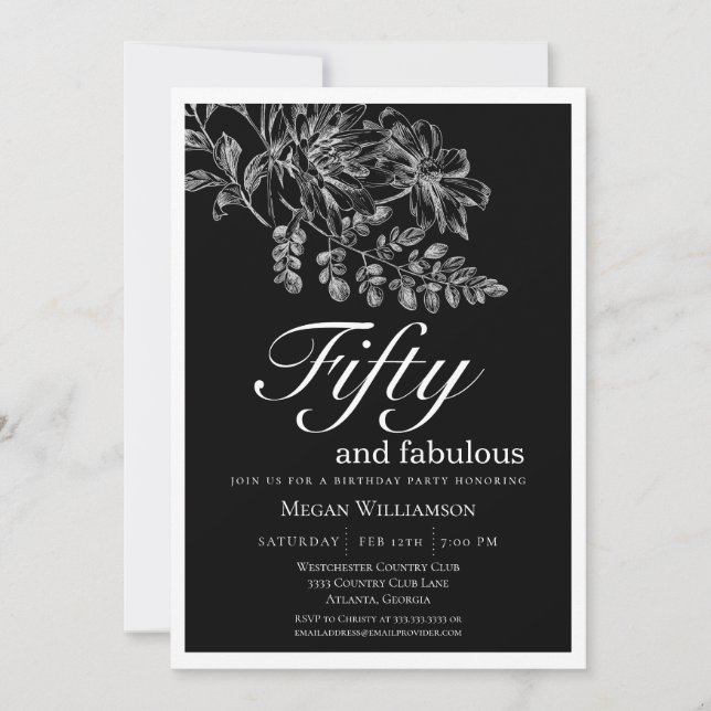 Chic White Floral Fifty and Fabulous Birthday Invitation (Front)