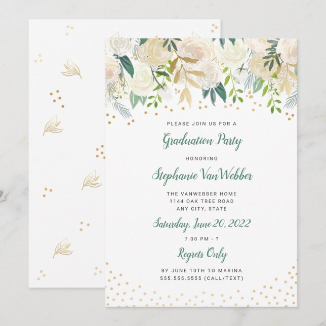 Chic White Floral Gold Confetti Graduation Invites (Front/Back)