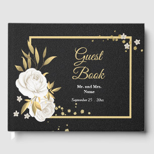 chic white floral gold leaves black guest book