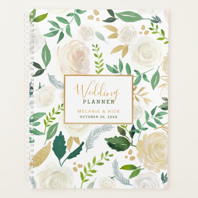 Chic White Floral Gold Wedding Planner notebook (Front)
