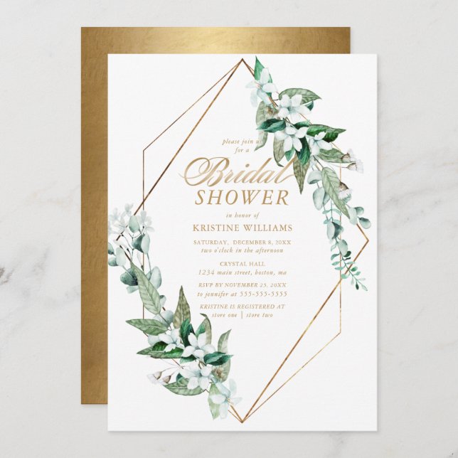 Chic White Floral Greenery Gold Bridal Shower Invitation (Front/Back)