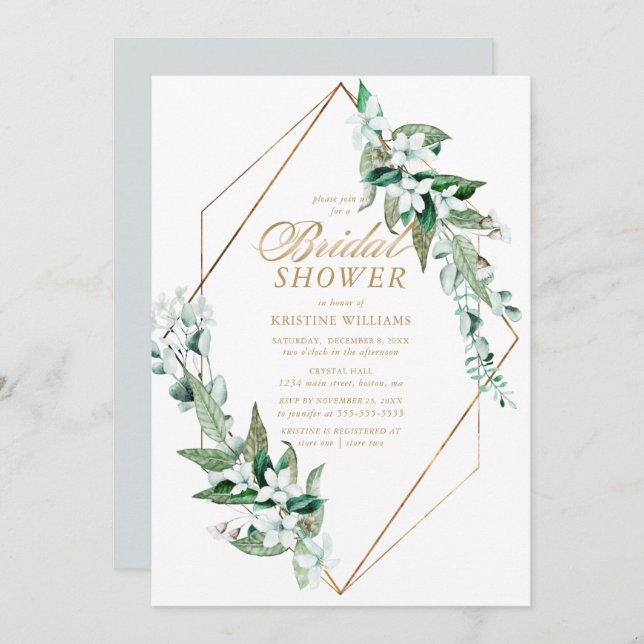 Chic White Floral Greenery Sage Bridal Shower Invitation (Front/Back)
