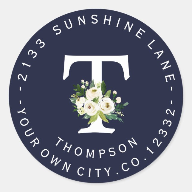 Chic White Floral Navy Blue Circular Address Label (Front)