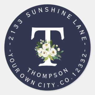 Chic White Floral Navy Blue Circular Address Label