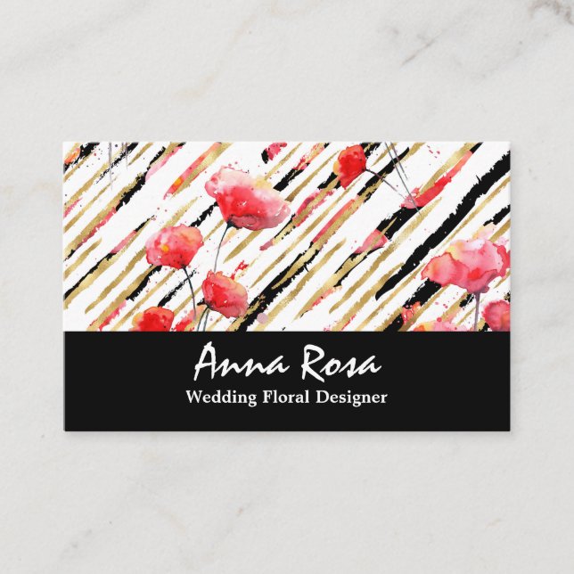 *~*Chic White Floral Red Poppy Black Glitter Foil Business Card (Front)