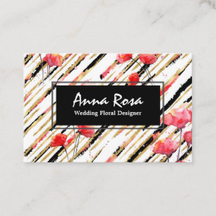 *~* Chic White Floral Red Poppy Glitter Foil Black Business Card