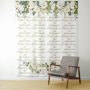 Chic White Floral Step & Repeat Birthday Backdrop Tapestry
