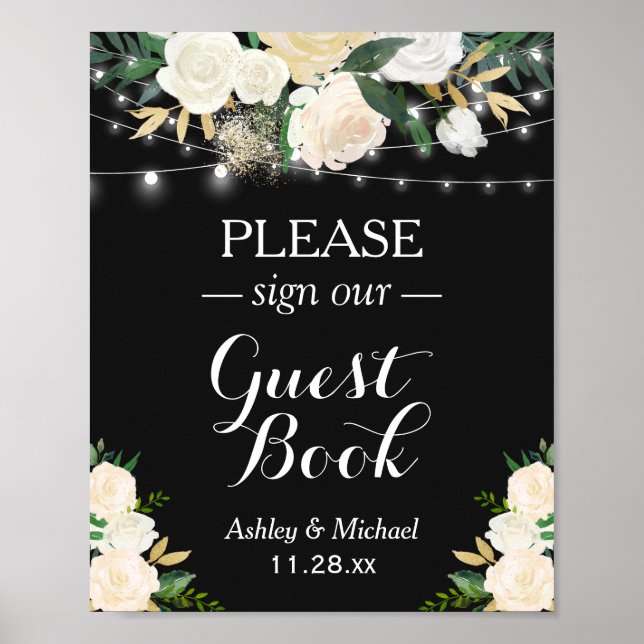Chic White Floral String Lights Sign Our Guestbook (Front)