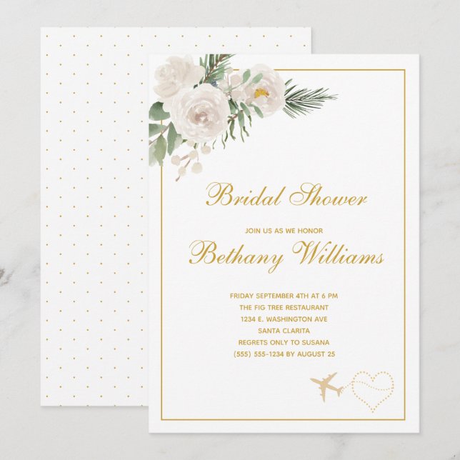 Chic White floral Travel Bridal Shower Invitation (Front/Back)