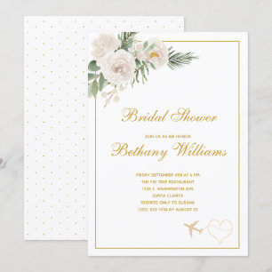 Chic White floral Travel Bridal Shower Invitation