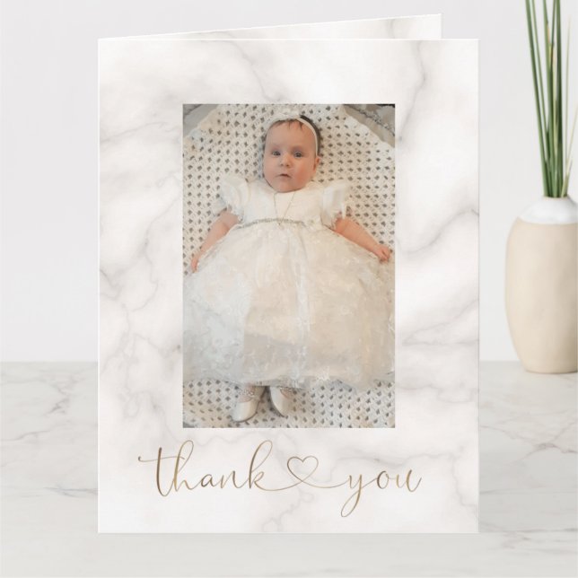 Chic White Flowers Gold Cross Photo Christening Thank You Card (Front)