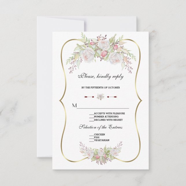 Chic White Flowers Gold Frame Wedding RSVP (Front)