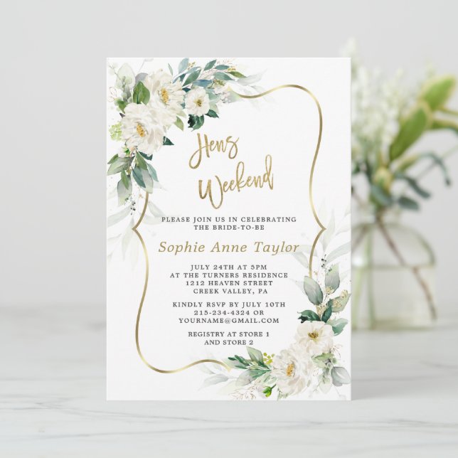 Chic White Flowers Gold Hens Bachelorette Weekend  Invitation (Standing Front)