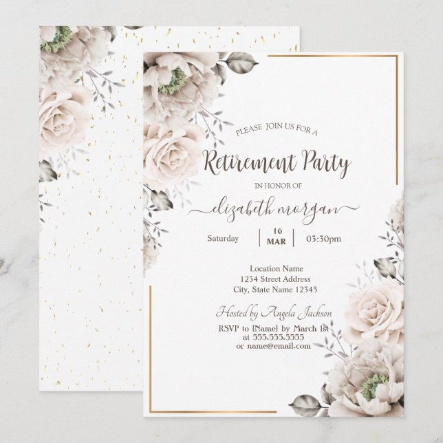 Chic White Flowers Retirement     Invitation (Front/Back)