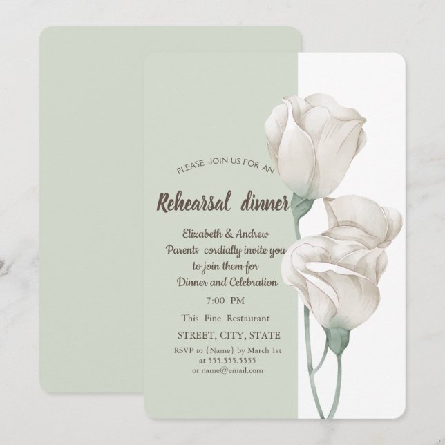 Chic White Flowers Roses Rehearsal Dinner Invitation (Front/Back)