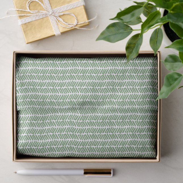 Chic White Forest Dark Sage Green Striped Zigzag Tissue Paper (Gift)