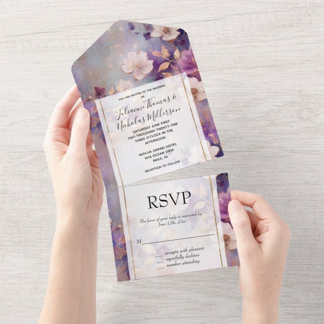 Chic White Glam Gold Purple Floral Wedding All In One Invitation (Tearaway)